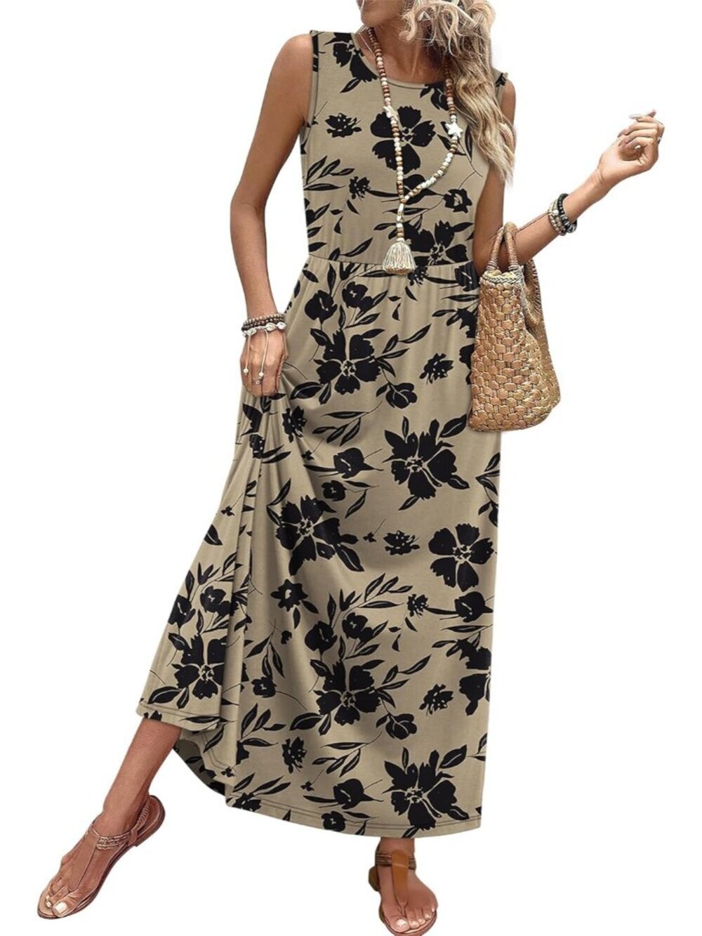 Women Black Flowers Pull On A Line Sleeveless Sundresses Pockets Maxi Dresses